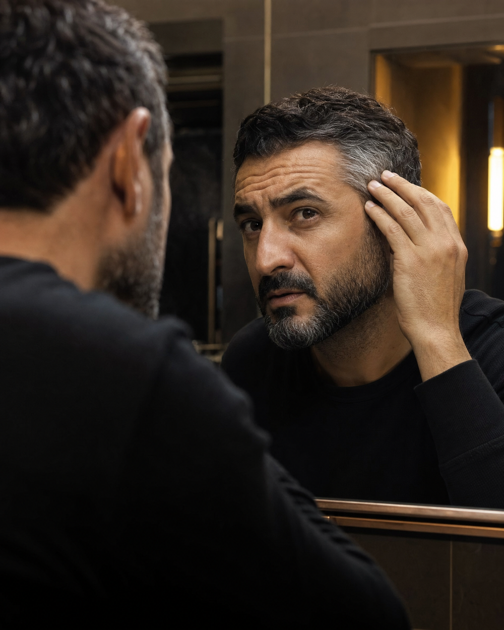 Güzgüdə ağ tellərinə baxan kişi
